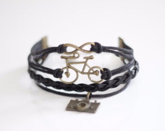 Infinity Bicycle Camera Black Braided Bracelet