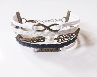 Infinity Pearl Wings Love White Black Cord Bracelet