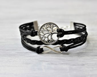 Tree Of Life Infinity Black Silver Tone Cord Bracelet-More Colors