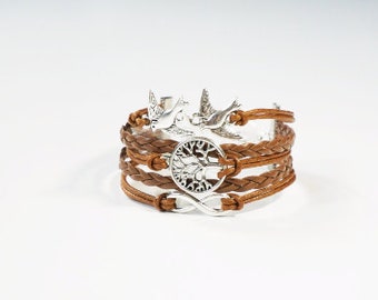 Birds Tree Infinity Brown Cord Bracelet