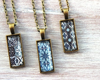 Portuguese Tile Blue Glass Replica Rectangle Necklace