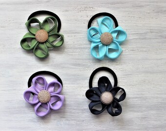 Zipper Flower Elastic Hair Tie-Olive-Blue-Lilac-Navy Blue