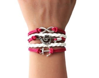 Infinity Treble Clef Anchor-Hot Pink-White-Multilayered Cord Bracelet