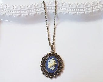 Blue White Flower Cameo Necklace