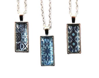Portuguese Tile Blue Glass Replica Rectangle Necklace-Blue Replica Azulejo Tile Necklace