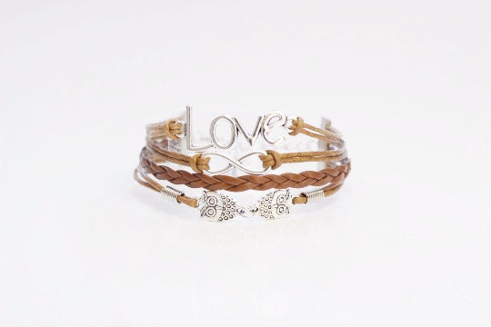 Love Infinity Owls Light Brown Multilayered Cord Bracelet