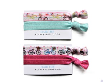 Bicycle Hair Ties-Bicycle Stripes Light Turquoise-Bicycle Dots Bright Hot Pink