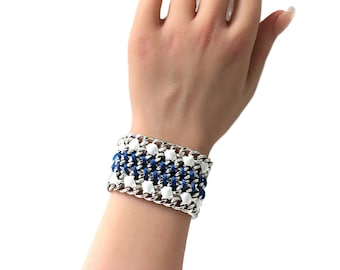 Chunky Chain Silver Tone White Blue Satin Ribbon Bracelet