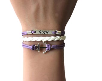 Hope Anchor Gray White Multilayered Cord Silver Tone Bracelet-More Colors