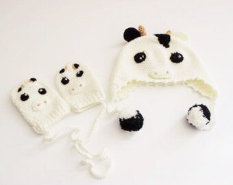 Cow Beanie and Mittens Crochet Baby Set/ crochet Hat and Gloves Set/ Baby Gift Set