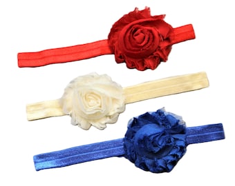 Red-Ivory-Blue- Chiffon Flower Headband-3 Months Baby to 3 Years Old Child