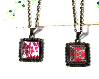 Floral Tile Glass Necklace-Pink White-Pink Yellow