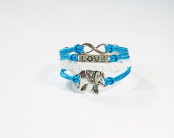 Infinity Love Elephant White Turquoise Cord Bracelet