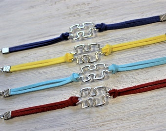 Autism Awareness Puzzle Cord Bracelet-Blue-Yellow-Light Blue-Red