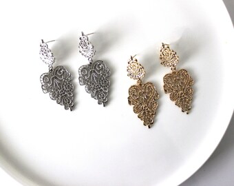 Filigree Heart Long Post Earrings-Silver Tone-Light Gold Tone