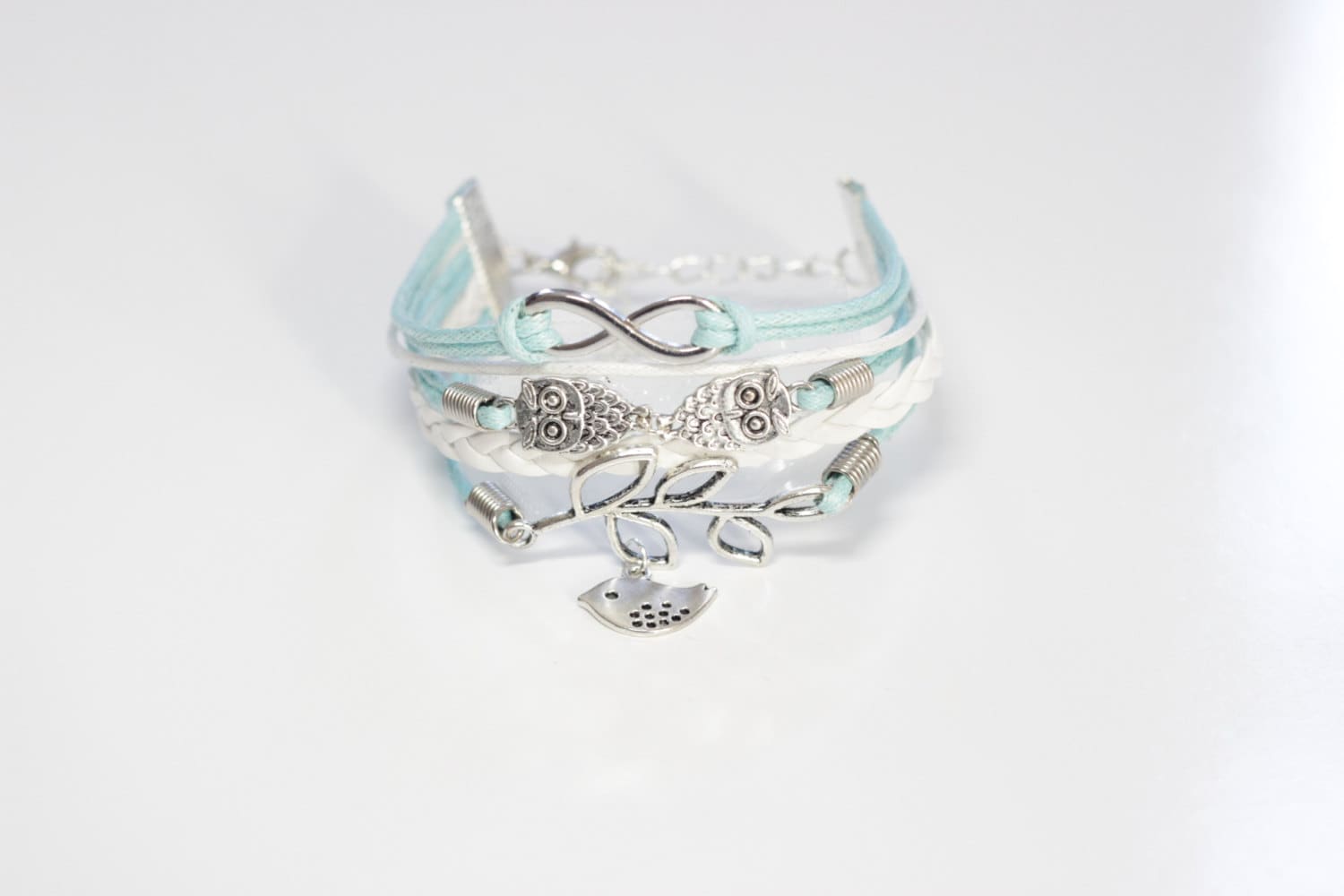 Infinity Owls Branch Bird Light Turquoise White Multilayered Cord Bracelet