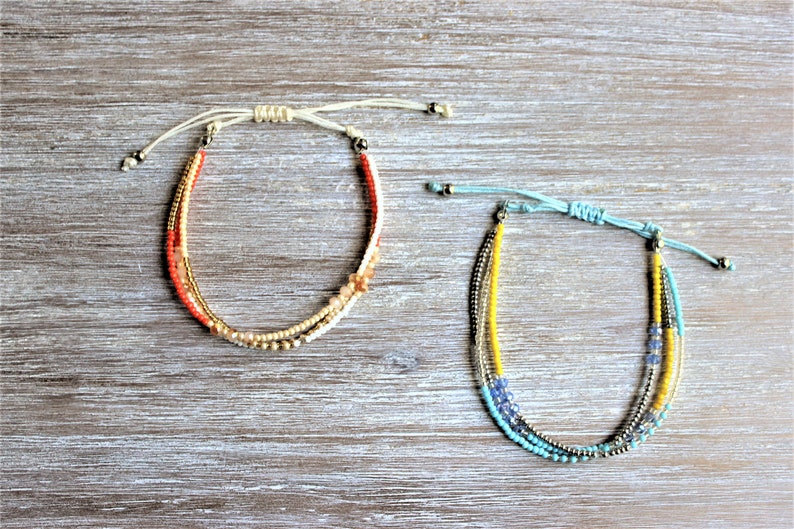 Beaded Orange White Gold Three Strands Bracelets-Beaded Blue Yellow Silver Three Strands Bracelet