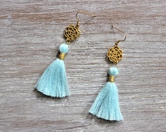 Light Blue-Light Peach-Gray-Tassel Flower Gold Tone Earrings