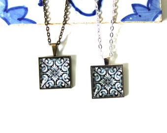 Portuguese Tile Blue Light Blue White Glass Replica Necklace-Square Cameo