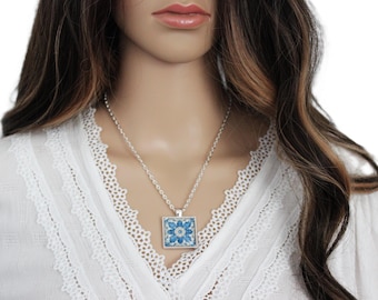 Portuguese Tile Blue Light Yellow Glass Replica Necklace