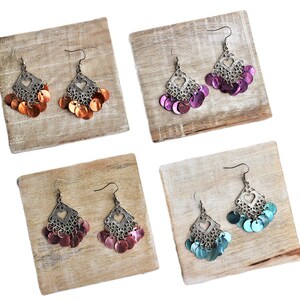 Sea Shell Disks Heart Earrings-Orange-Purple-Pink-Turquoise