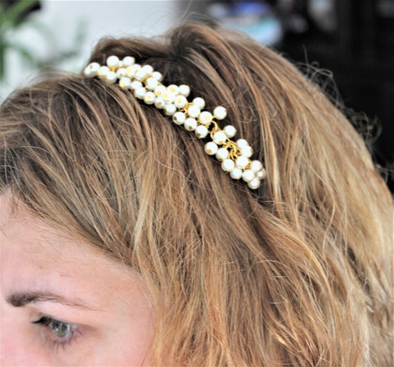 Elegant Gold and White Beaded Hairband Pearl Headbands for Women Party Hair Accessories Super Fairy  main image 4