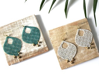 Morocco Filigree Tropical Gold Tone Earrings-Teal-White