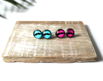 Black Mustache-Blue-Hot Pink / White Mustache-Pink-Red / Glass Stud Earrings