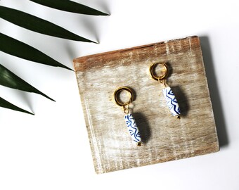 Blue White Hand-Painted Porcelain Huggie Hoop Earrings