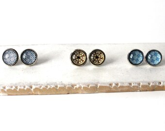 Portuguese Tile Blue White Glass Replica Stud Earrings