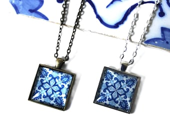 Portuguese Tile Blue Light Blue White Glass Replica Necklace