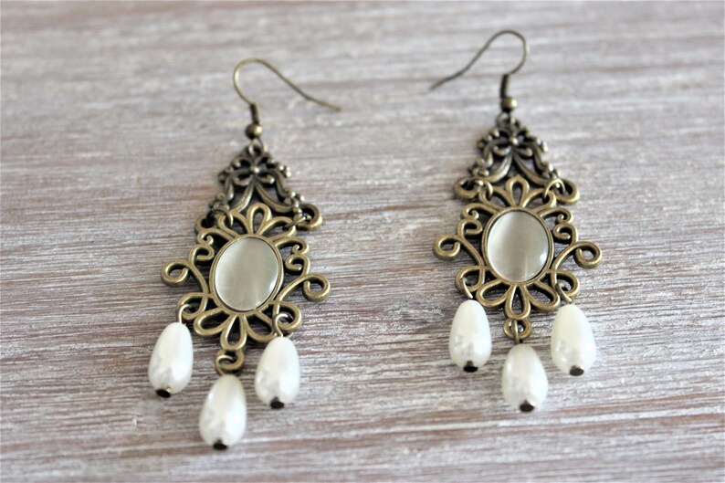 Pearl Antique Bronze Long Earrings Etsy