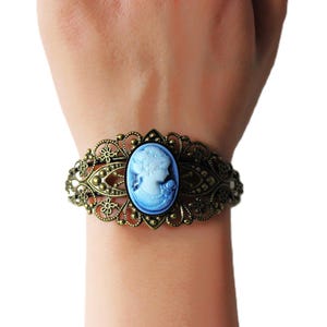 Victorian Lady Cameo Antique Bronze Bracelet-Blue-Mauve Pink-Golden Brown