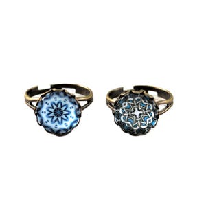 Portuguese Tile Replica Blue White Glass Cameo Rings