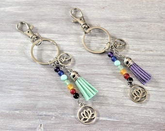 Lotus Yoga Chakra Beaded Tassel Keychain-Mint Green-Purple