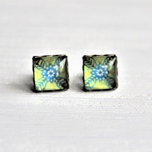 Portuguese Tile Green Blue Glass Replica Stud Earrings