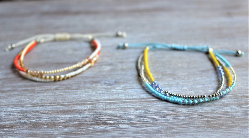 Beaded Orange White Gold Three Strands Bracelets-Beaded Blue Yellow Silver Three Strands Bracelet