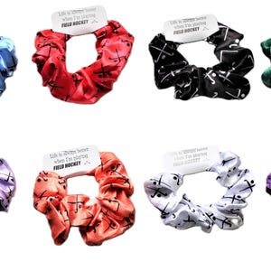 Field Hockey Small Scrunchies-Life is always better when I am playing FIELD HOCKEY-Lt Blue-Red Coral-Black-Green-Lilac-Orange P-White-Purple