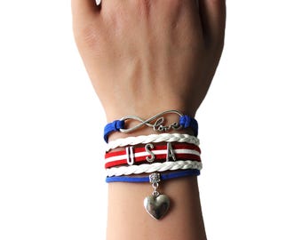 Love Infinity USA Heart Blue White Red Multilayered Cord Bracelet