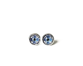 Portuguese Tile Blue White Glass Replica Stud Earrings