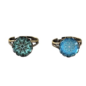 Portuguese Tile Replica Teal Blue Glass Cameo Rings