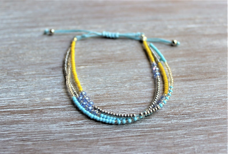 Beaded Orange White Gold Three Strands Bracelets-Beaded Blue Yellow Silver Three Strands Bracelet