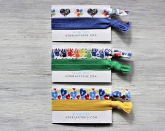 Colorful Autism Awareness Print Hair Ties-Hearts-Hands-Blue-Green-Yellow
