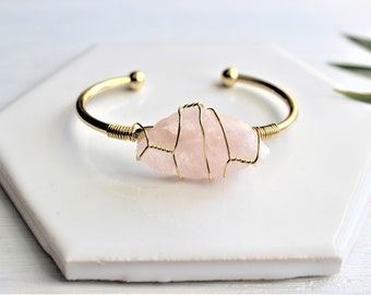 Raw Rose Quartz Gold Wired Bangle