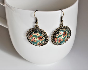 Floral Turquoise Circle Glass Earrings