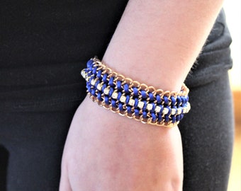 Royal Blue Ribbon Rhinestones Gold Tone Chain Bracelet