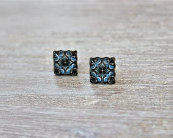 Portuguese Tile Blue Black White Glass Replica Stud Earrings