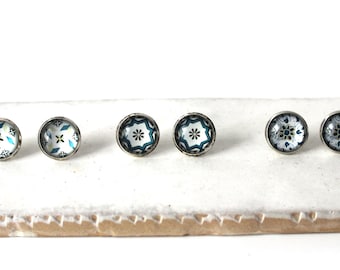 Portuguese Tile Glass Replica Stud Earrings