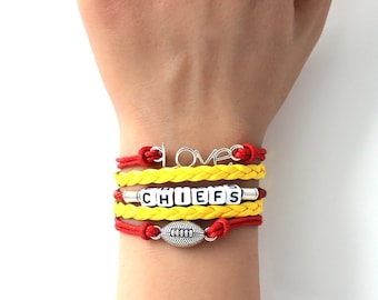 New!-Love KANSAS CITY-Love CHIEFS-Football Beaded Multilayered Cord Bracelet