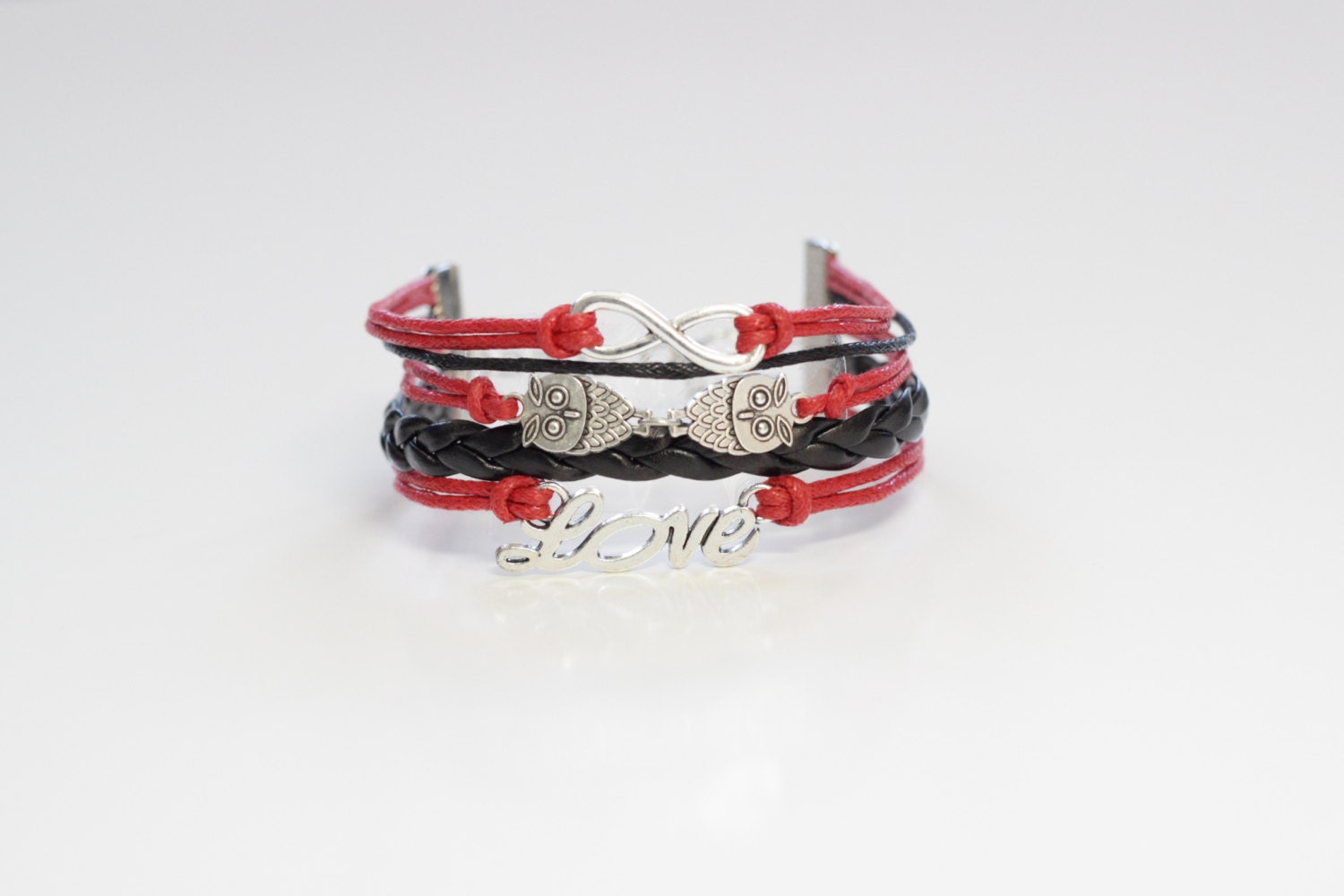 Infinity Owls Love Red Brown Multilayered Cord Bracelet
